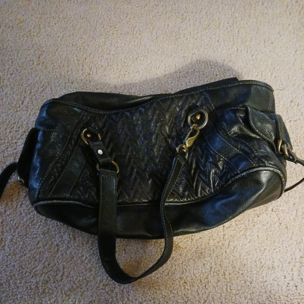 Wilsons Leather Black Quilted Chevron Satchel Shoulder Bag Brass Hardware